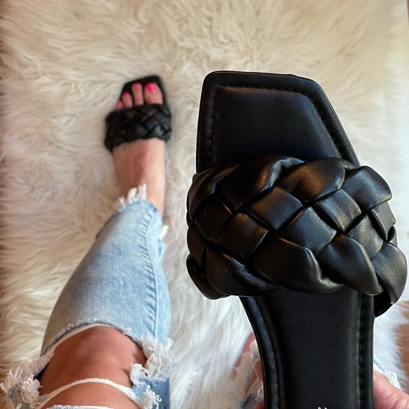 Shoes - Black Woven Square Toe Slide Sandals